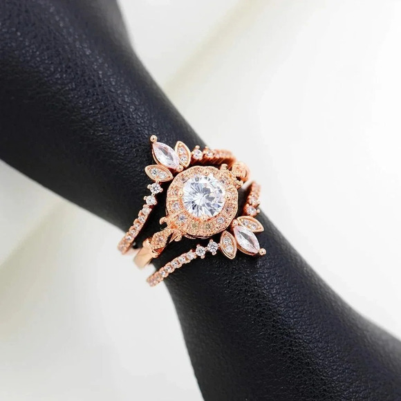 Women's 925 Sterling Silver  Marquise Cut CZ Stack Rings Set 2pcs Crown Wedding - Picture 3 of 7